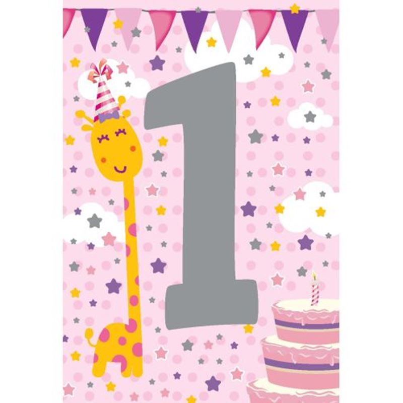 Kort - Grattiskort 1år Giraff Rosa